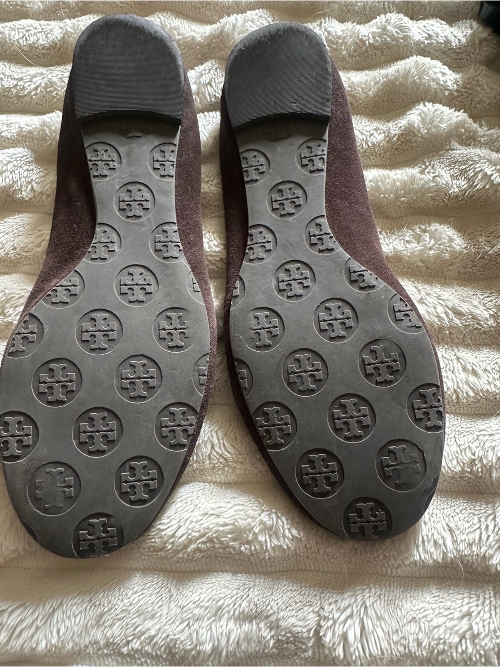 Tory Burch Dark Brown Suede Logo Ballet Flats with Gold Emblem - Picture 2 of 3